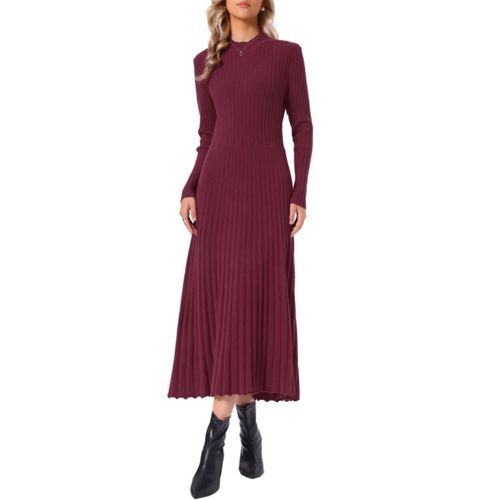 Women's Long Sleeve Bodycon Midi Dress Pleated Sweater Dress Red